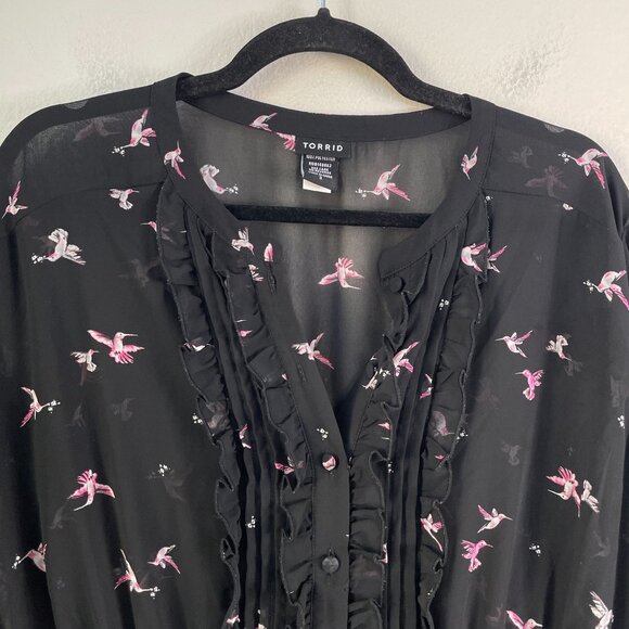 Torrid Womens Plus 3X Black Sheer Ruffle Front Hummingbird Tunic Top Blouse - Picture 2 of 8